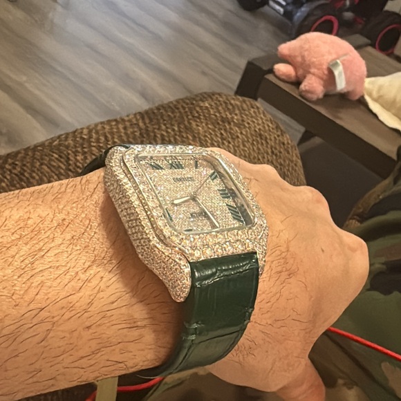 Cartier Silver and Green Rectangular Watch with Crystal Embellishments